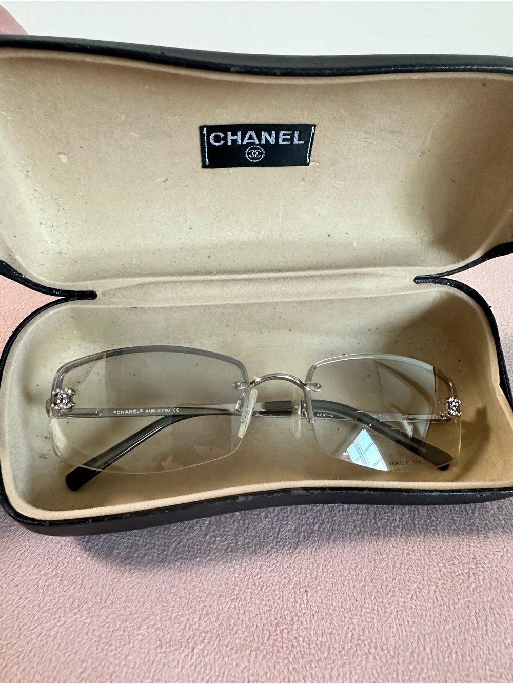 Rimless Silver Crystal Chanel logo initial Women's Sunglasses - Silver - Picture 2 of 9